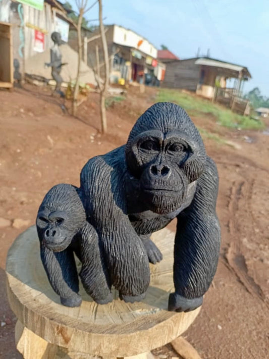 Hand-Carved Gorillas, Mother and Baby  size h13, w12, L14